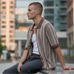 MASSIVE LUXURY NYC SHORT SLEEVE CARDIGAN OPEN KNIT STRIPE RETRO SHIRT SZ M